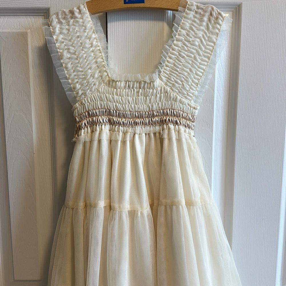 Luna Luna Girls Dress Ivory Tan Ruched Bodice Embroidered Band Layered Ruffles 6 - Picture 4 of 8
